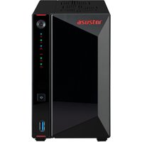 Black Asustor AS5402T NAS with glossy front panel, LED indicators, and USB port on the bottom left.