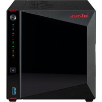 Black Asustor AS5404T NAS with glossy front panel, LED indicators, and USB port on the lower left side.