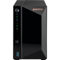 Black Asustor DRIVESTOR 2 Pro Gen2 NAS with angular front panel, LED indicators, and USB port on the lower left.