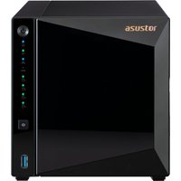 Black Asustor DRIVESTOR 4 Pro Gen2 NAS with glossy front panel, LED indicators, and USB port on the lower left.