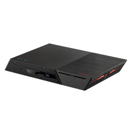 Compact black NAS/storage server with a sleek design, featuring Intel® Celeron® N5105, 4 GB RAM, LED indicators, and multiple ports for connectivity.