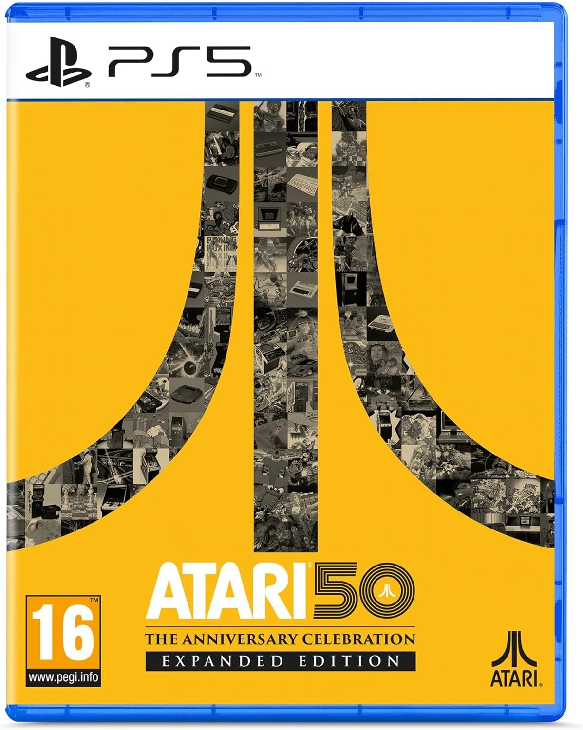 Bright yellow game case for PS5 featuring the text "ATARI 50: THE ANNIVERSARY CELEBRATION EXPANDED EDITION" and a collage of black and white Atari images in the background.
