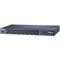 Black ATEN 1U PDU with 8 outlets, digital display, and network port, includes Eco PDU Manager software.