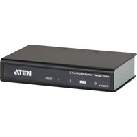 Black ATEN 2-Port HDMI Audio/Video Splitter with 4Kx2K support, compact design, and front panel indicator lights.