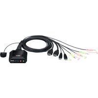"ATEN 2-Port USB 4K HDMI KVM Switch with black cables, remote port selector, and multiple connectors"