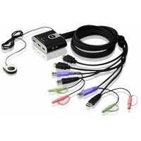Black ATEN 2-Port USB HDMI KVM Switch with audio, multiple colored cables, and a wired remote switch.