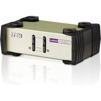 ATEN 2-Port USB-PS/2 VGA KVM Switch, beige with black edges, two front buttons, includes KVM cables.