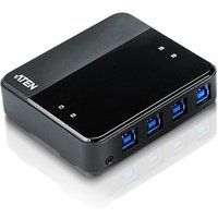Black ATEN 4-port USB 3.0 sharing device with glossy top and four blue USB ports.