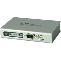 Silver ATEN 4-Port USB-to-Serial RS-232 Hub featuring four serial ports, a USB connector, and LED indicators for power and port status.