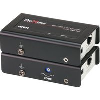 Black ATEN CE100 console extender with two stacked units, featuring Ethernet ports and labeled buttons.