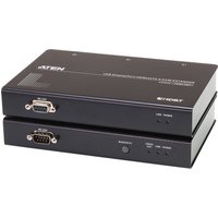 Black ATEN CE920 KVM extender with transmitter and receiver, featuring multiple ports and LED indicators.