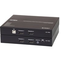 Black ATEN CE924 KVM extender with USB, DisplayPort, and audio ports, featuring LED indicators and compact design.