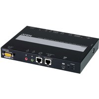 Black ATEN CN9000 KVM switch with VGA port, dual Ethernet ports, and audio jacks.