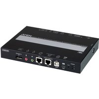 Black ATEN CN9950 KVM switch with dual Ethernet ports, USB, HDMI, and audio jacks on front panel.