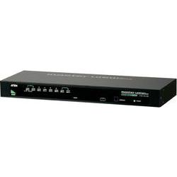 Black metal 8-port KVM switch with front USB menu for selection, includes one custom KVM cable, features broadcast mode, and labeled port indicators.