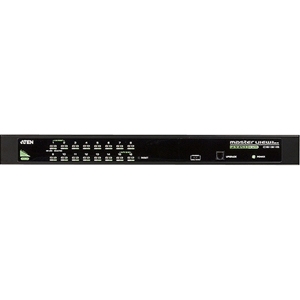 16-Port USB/PS2 Combo KVM switch by Aten, featuring a sleek black metal chassis, multiple input buttons, and LED indicators for easy device management.