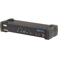 Black ATEN CS1784A KVM switch with four ports, front panel buttons, audio jacks, and USB ports.