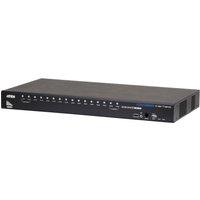 Black ATEN CS17916 KVM switch with multiple ports, rack mounting design, and front panel buttons.