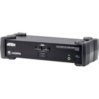 Black ATEN CS1822 KVM switch with HDMI ports, USB 3.0, and audio jacks, featuring a compact rectangular design.