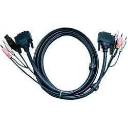 Black 1.8m DVI-D Dual Link USB KVM cable featuring dual DVI connectors and audio jacks, designed for connecting multiple devices.
