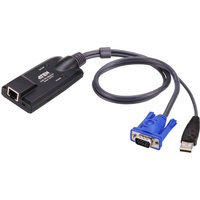 Black Aten KA7570 KVM cable with USB, VGA connectors, and RJ-45 port adapter.