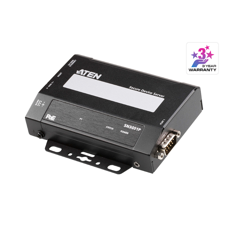 Black Aten Device Server with a sleek design, featuring a DB9 connector, LED status indicators, and a label area for identification, highlighting a 921.6 Kbps baud rate.