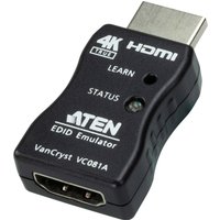 ATEN True 4K HDMI EDID Emulator Adapter, black with HDMI ports, status lights, and "LEARN" button.
