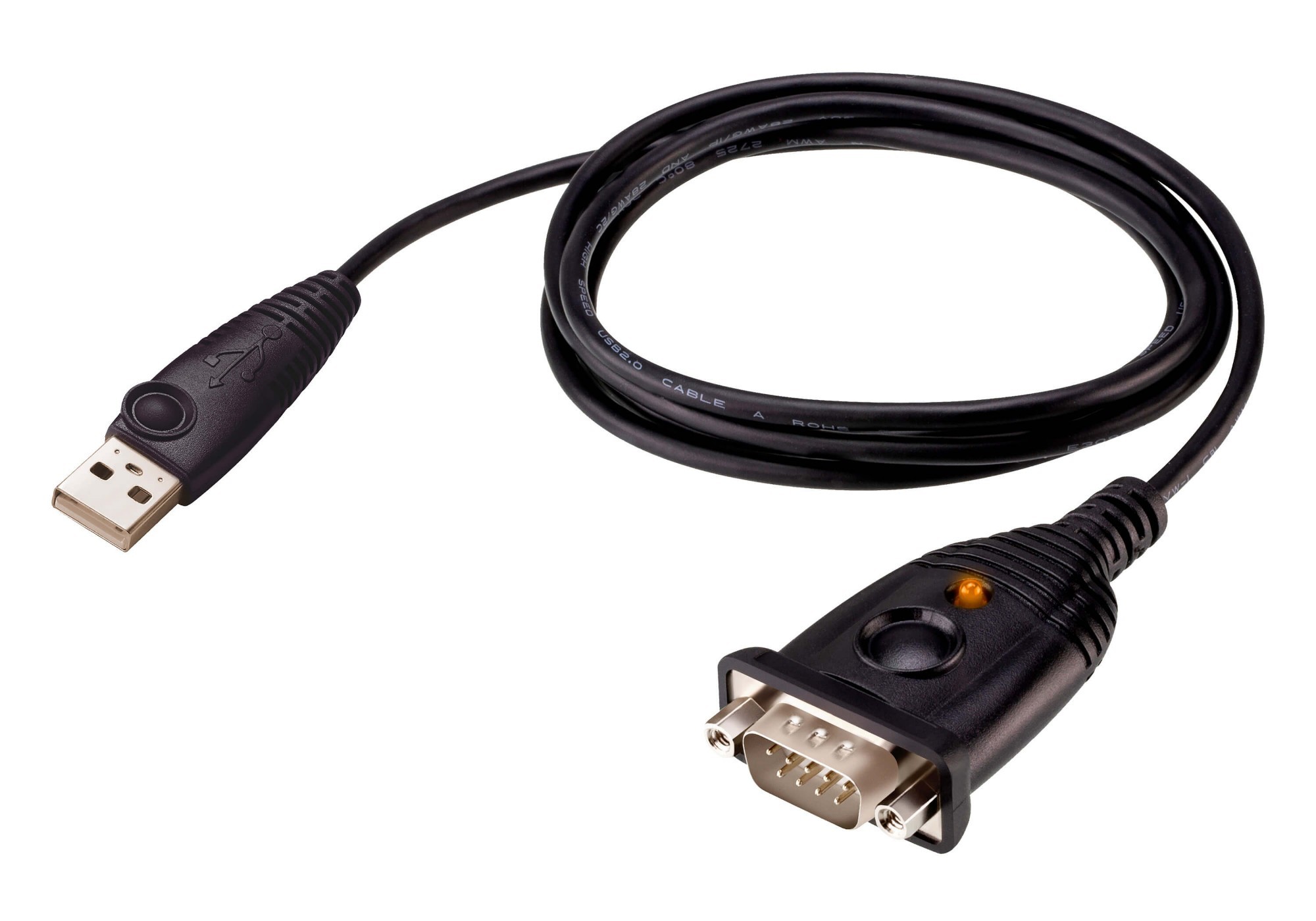 USB to RS232 serial adaptor lead in black, featuring a 1.2m cable with a USB connector on one end and a 9-pin D-sub connector on the other, designed for reliable data transfer.