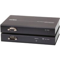 Black ATEN USB 2.0 DVI KVM extender with two stacked units, featuring VGA ports and LED indicators.