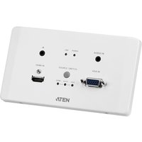 White ATEN AV extender transmitter with HDMI, VGA ports, and control buttons on a rectangular wall plate.