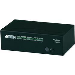 Black ATEN VS0102 video splitter with two VGA output ports, a power button on the front, and a compact design suitable for connecting multiple displays.