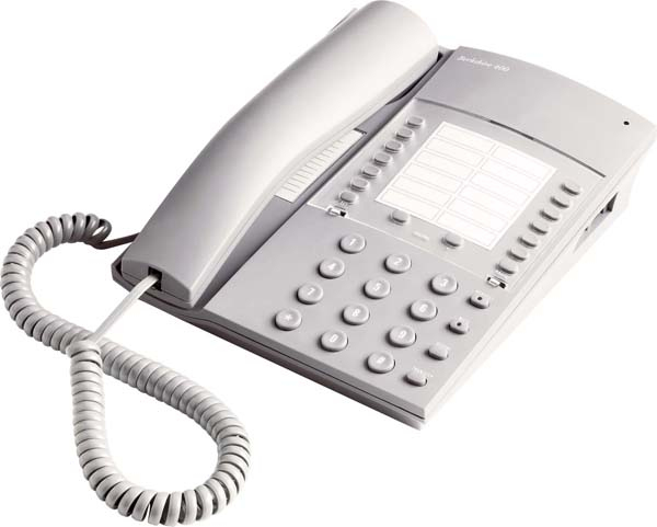 Grey ATL Berkshire 400 DECT telephone featuring a coiled handset, a numeric keypad, and a large button layout with a sleek, modern design.
