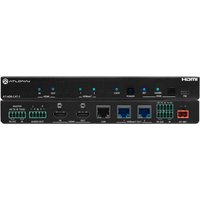 Black Atlona AT-HDR-CAT-2 matrix switcher with multiple HDMI ports, LED indicators, and Ethernet connections.