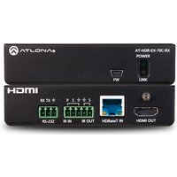 Black Atlona AV extender with HDMI, Ethernet ports, and labeled connections for RS-232, IR In/Out, and HDMI Out.