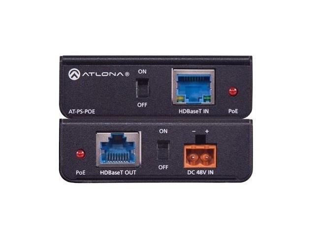 Black mid-span power supply with two Ethernet ports labeled "HDBaseT IN" and "HDBaseT OUT," featuring a DC power input and ON/OFF switches for PoE functionality.