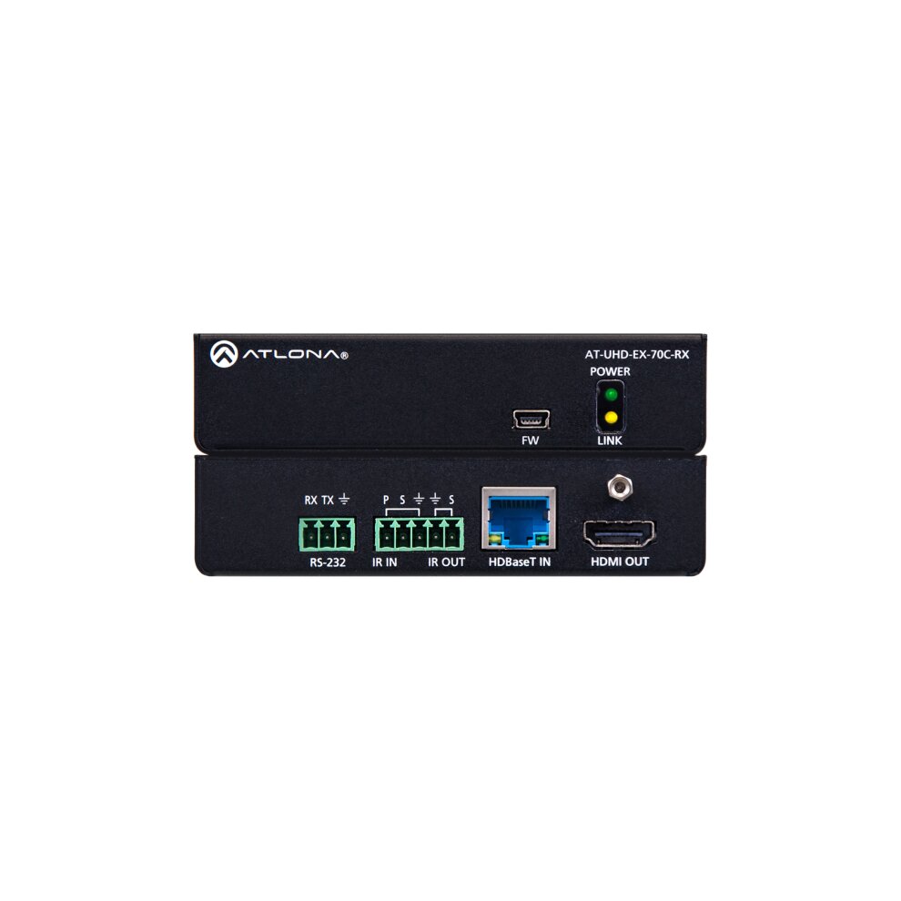 Black AV extender receiver with multiple input/output ports, including HDMI, RS-232, and IR, featuring LED indicators for power and link status.