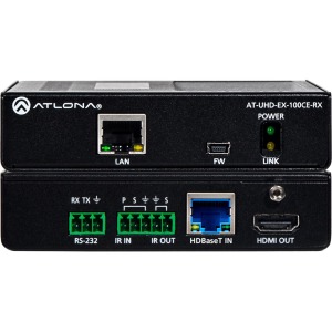 Black HDMI over HDBaseT receiver with Ethernet, featuring multiple input/output ports, including HDMI, RS-232, and LAN, designed for 4K/UHD video transmission up to 328 feet.