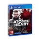 PlayStation 4 game case for "Atomic Heart" featuring a muscular character with a beard, bold red and white graphics, and the age rating of 18 prominently displayed.