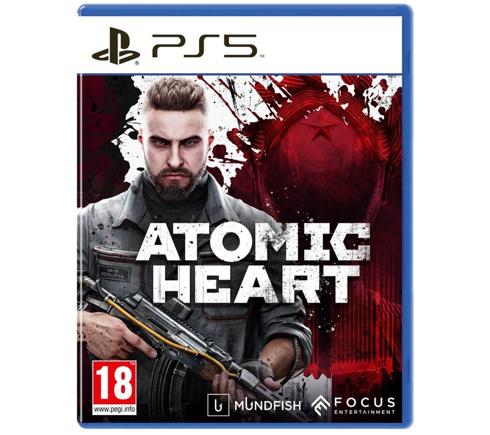 The PS5 game cover for "Atomic Heart" features a muscular man holding a gun, with a red and black background and bold white text displaying the title.