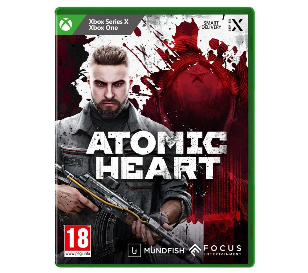 Green Xbox Series X game case featuring the title "Atomic Heart" in bold white letters, a male character with a gun, and a red and white background with a star design.