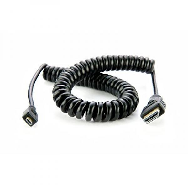 Coiled black micro HDMI to full HDMI cable, measuring 19.7 to 25.6 inches, featuring a flexible design for easy connectivity.