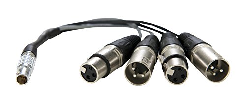 LEMO to XLR breakout cable featuring a silver LEMO connector on one end and four black XLR connectors on the other, designed for Atomos Shogun devices.