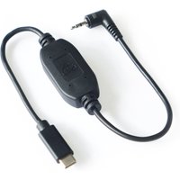 Black Atomos USB C to 2.5 mm LANC cable gender changer with right-angle connector and compact design.