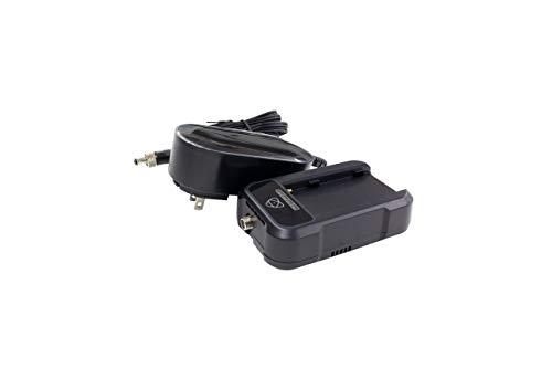 Fast battery charger and power supply in black plastic, featuring a sleek design with a charging dock and a detachable power cable.