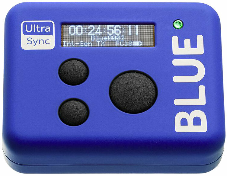 Compact blue device with a digital display, three buttons, and a green indicator light, labeled "Ultra Sync" and "BLUE," designed for audio synchronization.