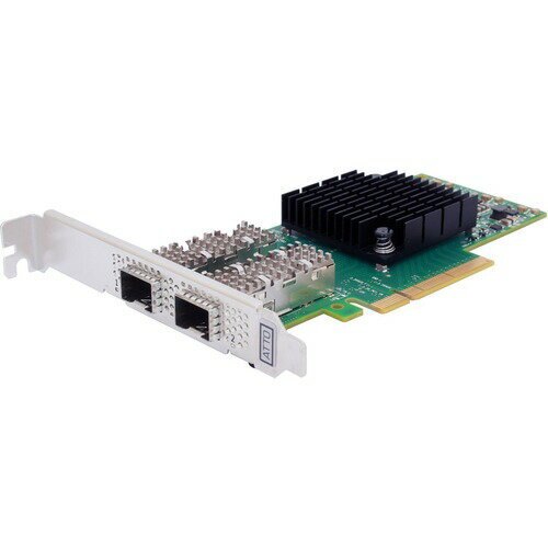 Low profile PCIe 3.0 network adapter with a green circuit board, dual SFP28 ports, a large black heatsink, and a silver metal bracket for installation.