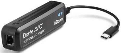 Black USB-C adapter with a slim design, featuring an Ethernet port and labeled "Dante AVIO" for 2-channel USB I/O connectivity.