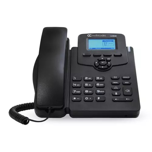 Black AudioCodes 405HD IP phone with a PoE GbE connection, featuring a digital display, multiple buttons, and a coiled handset.