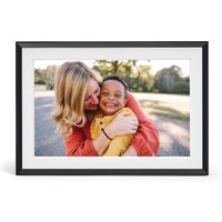 Black-framed digital photo frame displaying a smiling child and adult in a sunny outdoor setting.