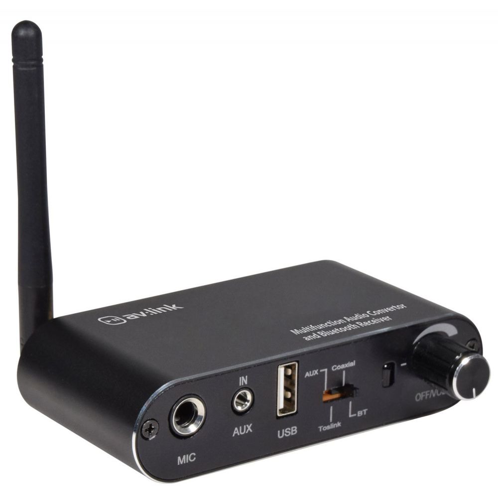 Black metal audio converter with Bluetooth receiver, featuring USB and AUX inputs, a coaxial output, a volume knob, and an antenna for wireless connectivity.